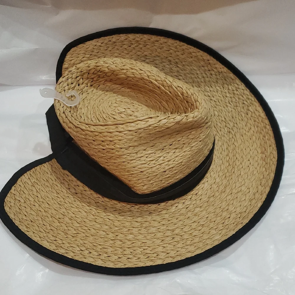 Vince Camuto tan and black ribbon trim straw fedora‎ summer UPF 50+ sun hat new